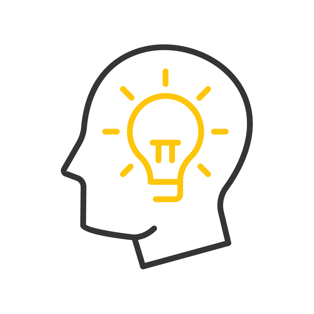 This is a simple, stylized line drawing of a human head in profile with a lightbulb inside, symbolizing an idea or insight, on a green background.