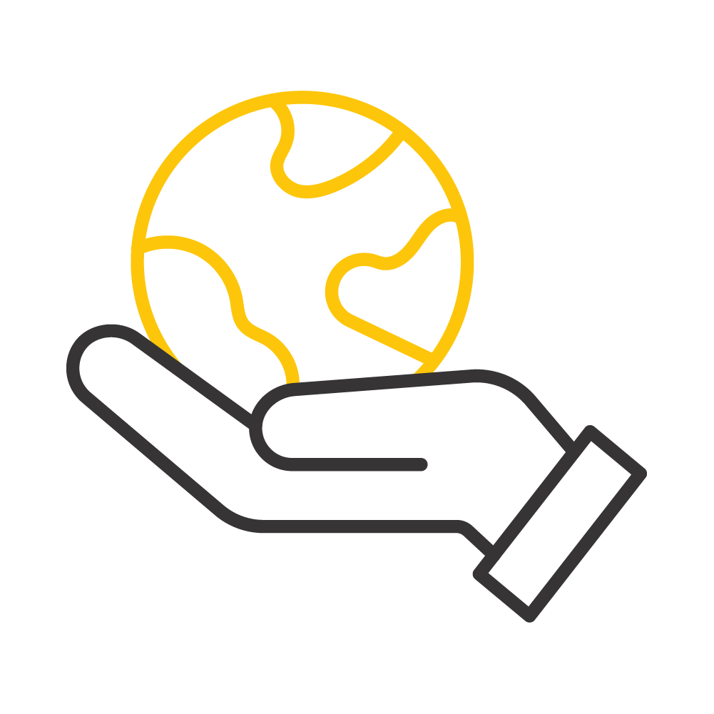 The image shows a stylized, yellow and white outline of a globe resting on an open hand, against a dark green background, symbolizing care for the Earth.