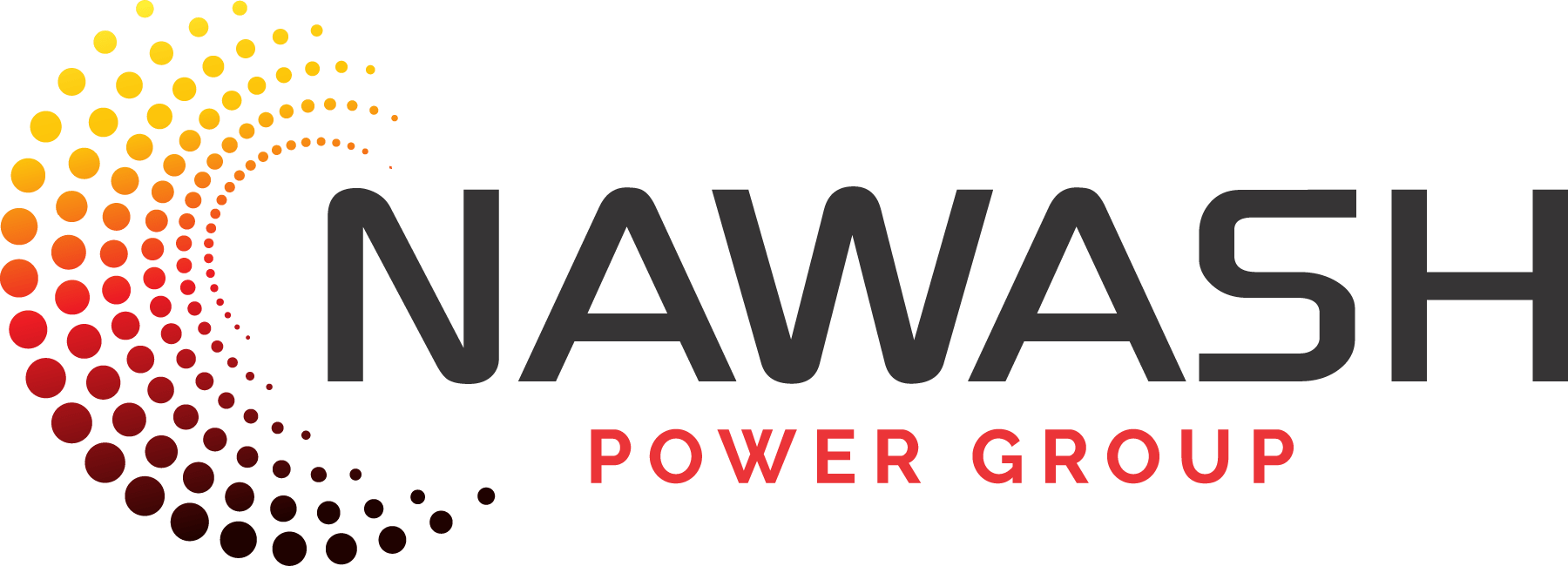 The image displays a logo consisting of the text "NAWASH POWER GROUP" with a swirling dot pattern transitioning from yellow to dark red on a green background.