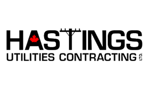 The image shows a logo for "HASTINGS UTILITIES CONTRACTING" with a stylized red maple leaf above the letter "I" and a power line icon.