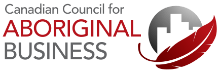 This is the logo of the Canadian Council for Aboriginal Business, featuring stylized text with a graphical element combining a feather and skyline imagery in red and grey tones.