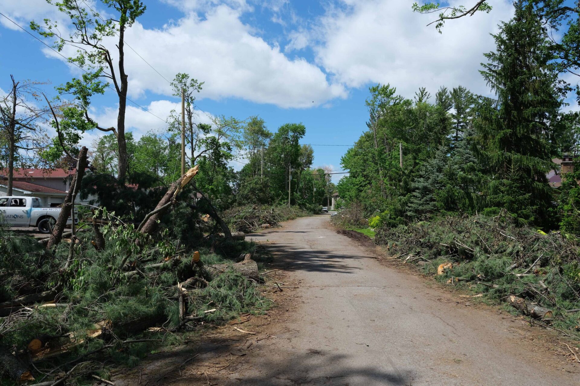 A road lined with debris and fallen trees after a severe storm, with a vehicle on the left and clear skies above.