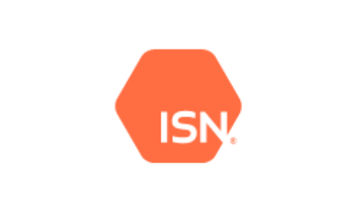The image displays a hexagonal orange logo with the letters "ISN!" in white, centered within the shape, on a plain light background.